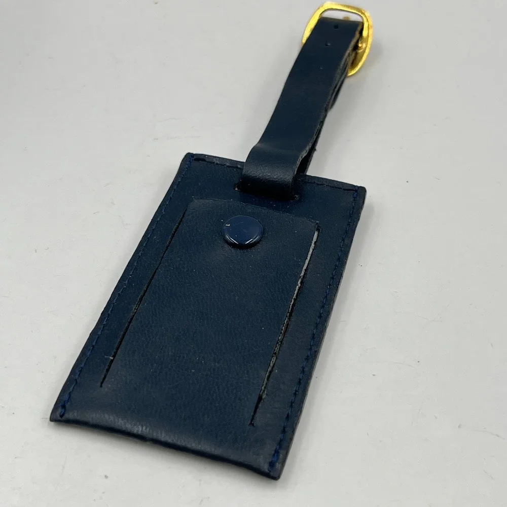 Vintage Crystal Cruises Luxury Luggage Tag Blue Leather Gold Tone Brass Plate